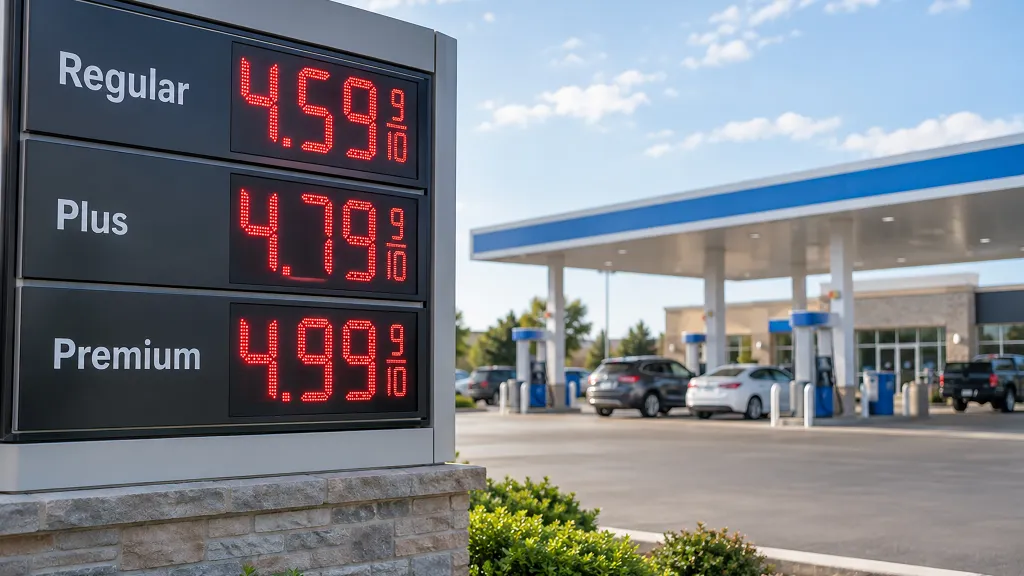 Gas station price sign showing regular, plus and premium prices