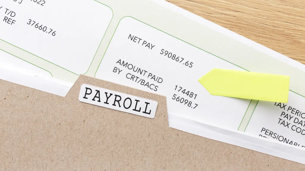 Payroll folder with a pay statement showing net pay and taxes