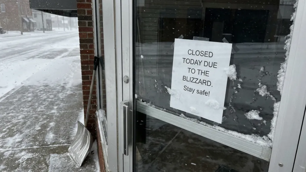 A printed sign reading "Closed today due to the blizzard" taped to a shop door, with a snow shovel and an empty snowy street
