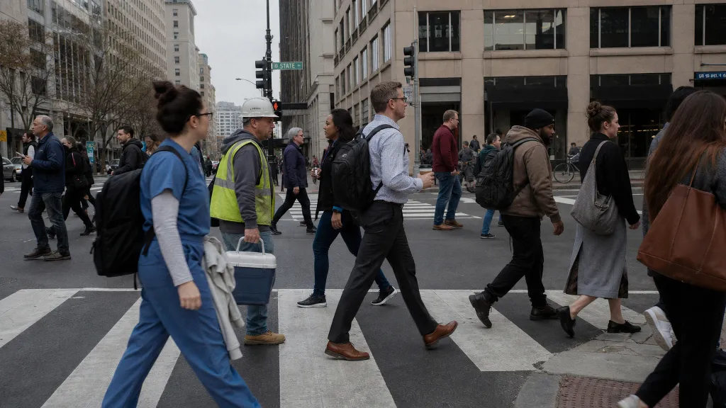 Workers crossing a downtown street on their way to work