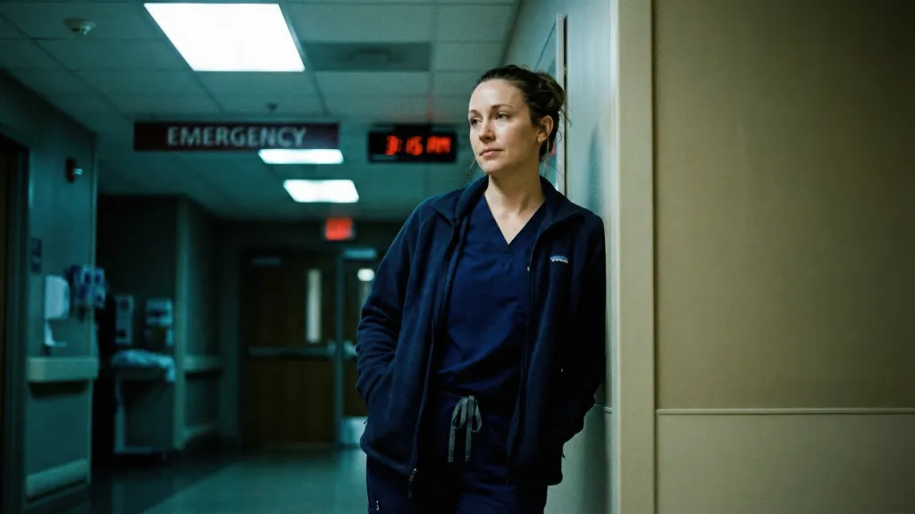 Nurse taking a short break against a hospital wall during a night shift