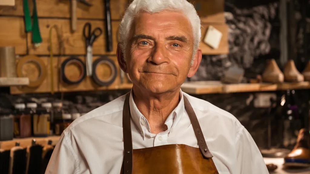 Older shoemaker in a leather apron in his repair workshop
