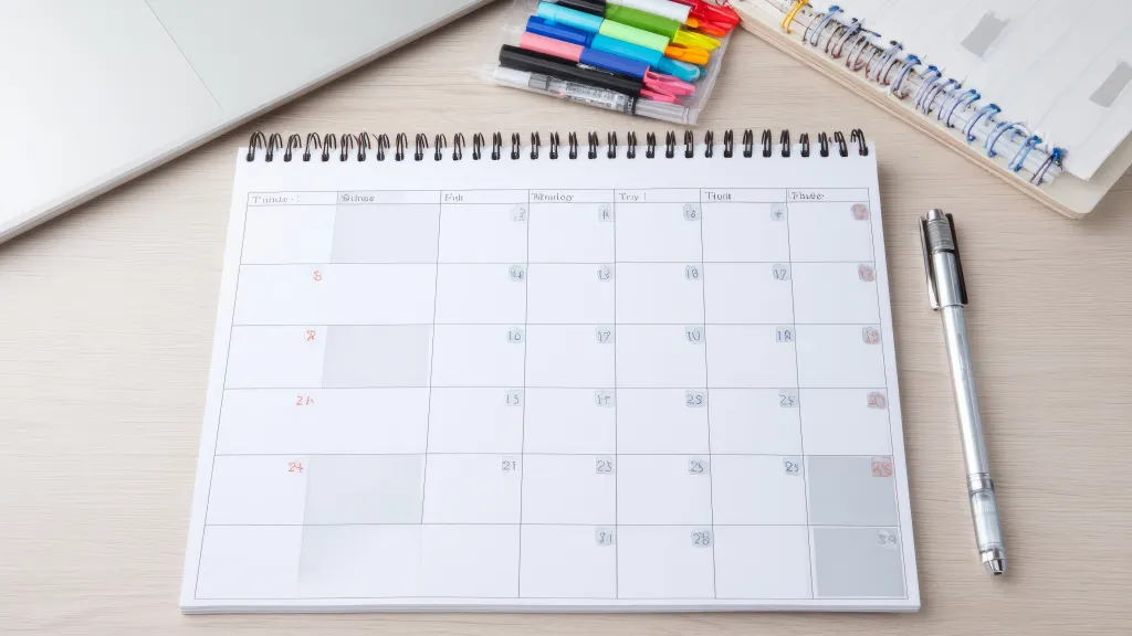 Blank monthly wall calendar with markers and a pen on a desk